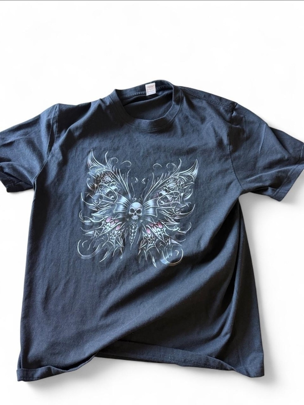 Black Short Sleeve Graphic Tee with Skull Butterfly